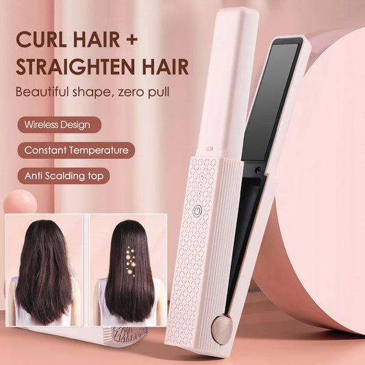 Cordless USB Hair Straightener – Mini Ceramic Flat Iron & Curler in One | Portable & Travel-Friendly